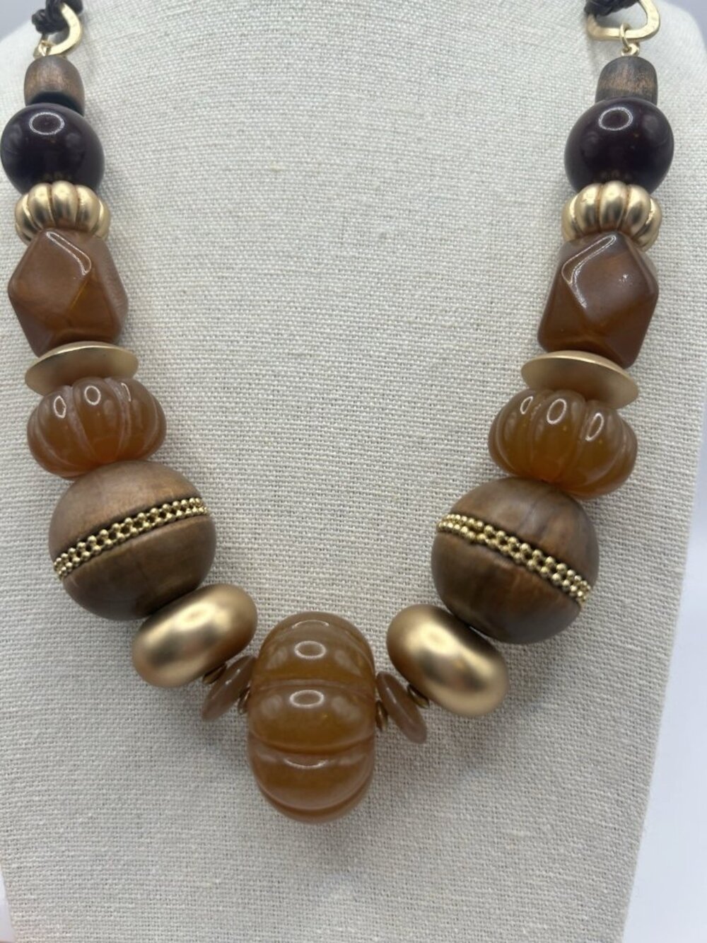 Vintage Boho Statement Necklace Wood Bead Gold Tone Brown Chunky Bib Braid Earth - Picture 2 of 13